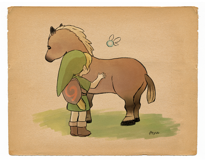 ayu_(mog) belt blonde_hair boots border brown_belt brown_footwear deku_shield epona fairy green_headwear green_tunic horse link navi nintendo shield shield_on_back short_hair signature sword sword_on_back the_legend_of_zelda the_legend_of_zelda:_ocarina_of_time tunic weapon weapon_on_back white_border wooden_shield wooden_sword young_link