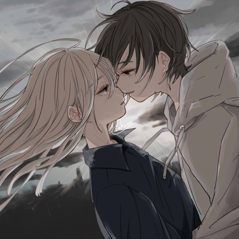 2girls backlighting black_eyes black_hair cloud cloudy_sky collared_shirt drawstring dutch_angle face-to-face female_focus from_side furumi_uruko hair_blowing half-closed_eyes hood hood_down hoodie imminent_kiss looking_at_another messy_hair multiple_girls original parted_lips profile shirt short_hair signature sky upper_body white_hair white_hoodie yuri