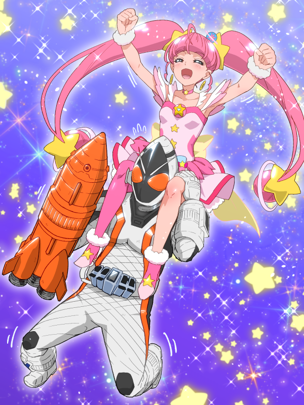1boy 1girl boots choker crossover cure_star dress hair_ornament hoshina_hikaru jewelry kamen_rider kamen_rider_fourze kamen_rider_fourze_(series) long_hair magical_girl open_mouth pink_hair precure smile star_(symbol) star_twinkle_precure thigh_boots thighhighs tj-type1 trait_connection twintails