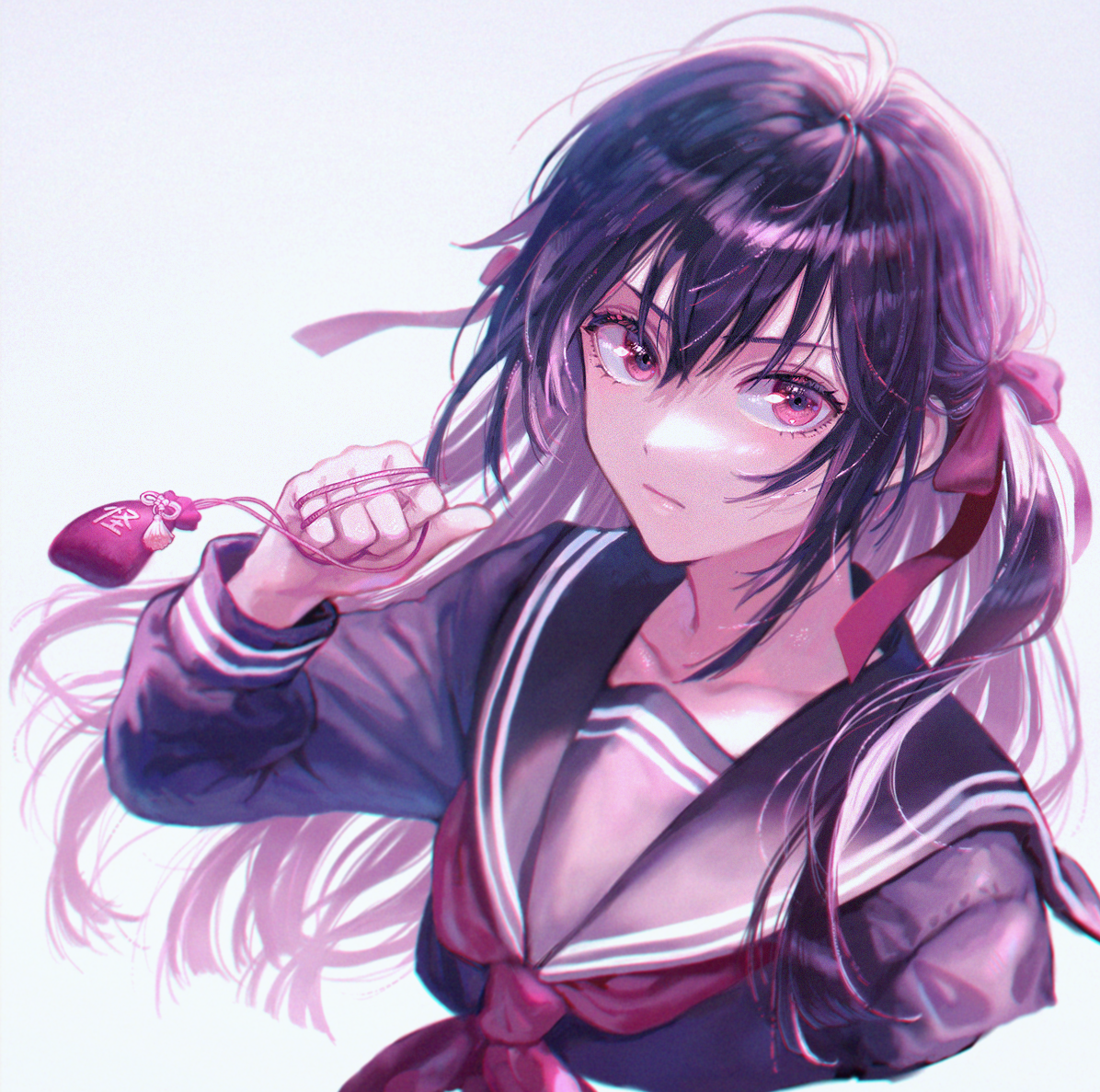 1girl black_hair black_sailor_collar black_serafuku black_shirt collarbone commentary_request grey_background hair_between_eyes hair_ribbon hand_up himeno_mikoto holding kaii_shoukougun long_hair long_sleeves looking_at_viewer neckerchief nyam_030 red_eyes red_neckerchief red_ribbon ribbon sailor_collar school_uniform serafuku shirt solo two_side_up upper_body white_background