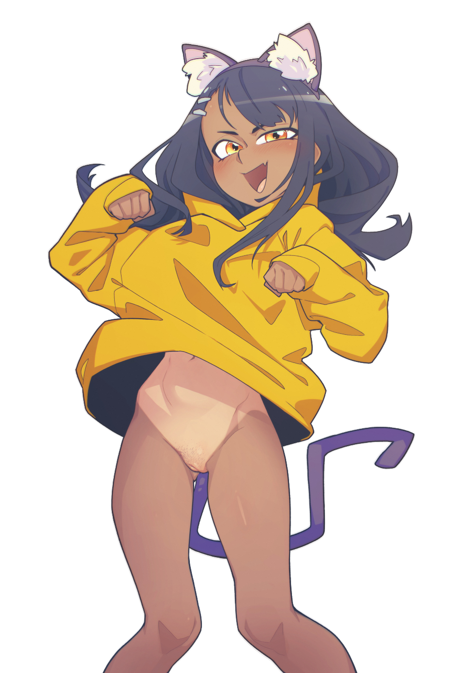 1girl alternate_costume animal_ear_hairband animal_ears black_hair bottomless brown_eyes cat_ear_hairband cat_ears cat_tail fake_animal_ears fake_tail fang feet_out_of_frame female_pubic_hair gluteal_fold hair_ornament hairband hairclip highres ijiranaide_nagatoro-san jacket long_hair long_sleeves looking_at_viewer nagatoro_hayase navel one-piece_tan open_mouth parallel_hairclips paw_pose pubic_hair pussy simple_background smile solo standing tail tan tanline the_pink_pirate thighs uncensored white_background yellow_jacket