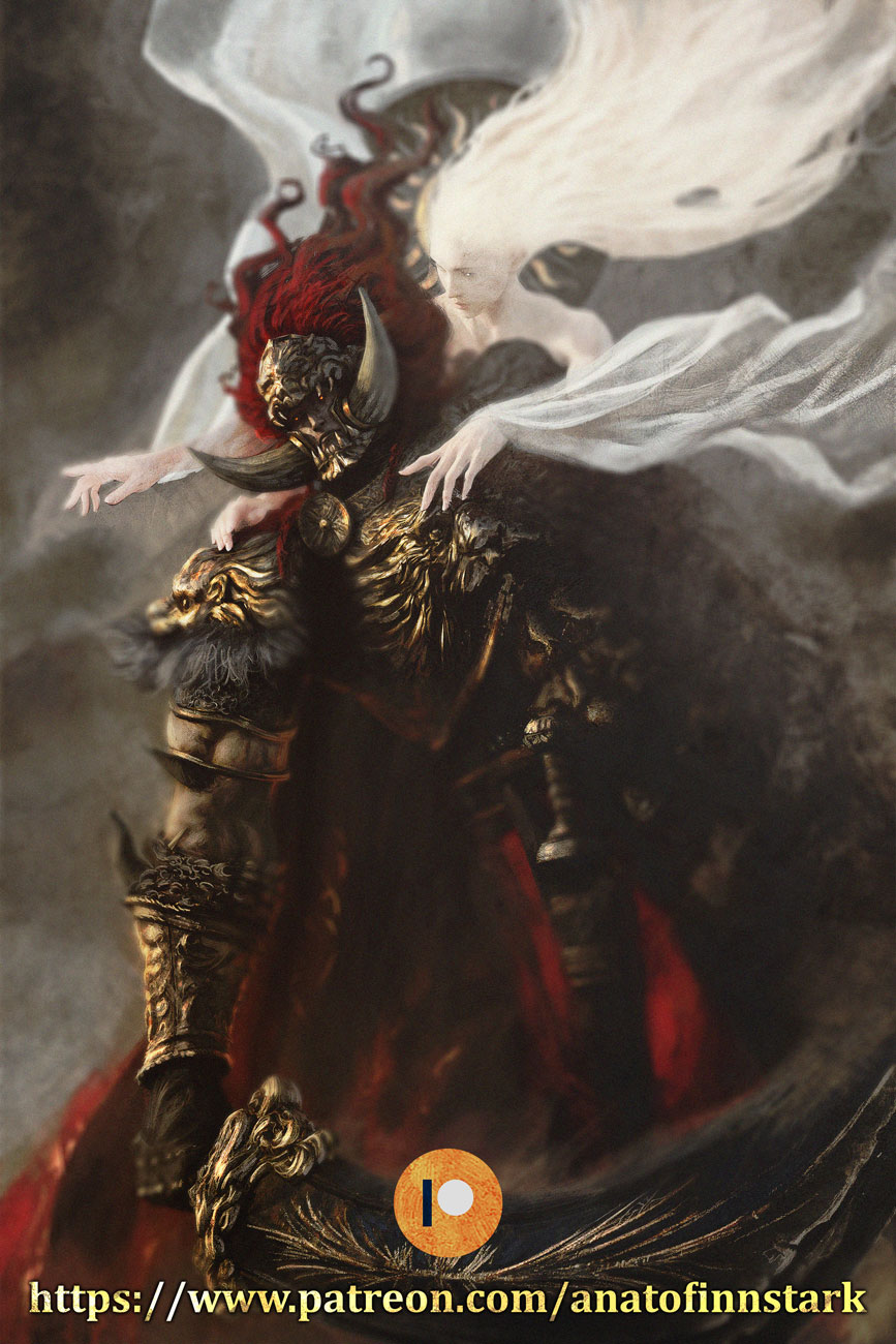 2boys anato_finnstark armor blonde_hair blurry brothers commentary depth_of_field elden_ring elden_ring:_shadow_of_the_erdtree english_commentary fake_horns fur-trimmed_armor fur_trim gold_armor gold_helmet half-siblings halo helmet highres holding horned_helmet horns long_hair miquella_(elden_ring) multiple_boys ornate_armor patreon_logo patreon_username promised_consort_radahn red_hair shoulder_armor siblings sleeveless_tunic starscourge_greatsword sword tunic very_long_hair watermark wavy_hair weapon web_address white_tunic yellow_eyes