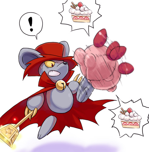 ! afterimage animal_ears cake cape colored_sclera daroach food hat kirby kirby_(series) kirby:_squeak_squad lowres mouse_ears nintendo rayman_limbs red_cape red_hat shiwashiwa_no_kinchakubukuru star_(symbol) sweatdrop triple_star yellow_sclera