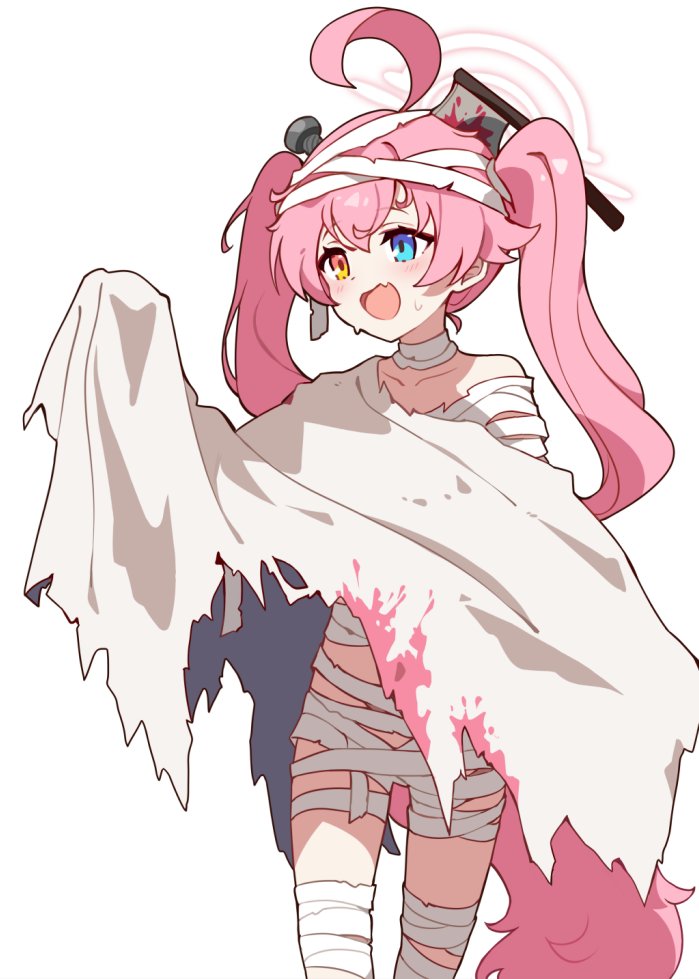 1girl ahoge alternate_costume alternate_hairstyle animal_costume arm_up axe axe_in_head bandaged_arm bandaged_head bandaged_leg bandaged_neck bandaged_thigh bandages blue_archive blue_eyes blush collarbone cosplay dot_nose fake_blood fake_tail fang feet_out_of_frame frankenstein&#039;s_monster frankenstein&#039;s_monster_(cosplay) ghost_costume hair_between_eyes halloween_costume halo heterochromia hoshino_(blue_archive) huge_ahoge ideolo loli long_hair mummy_costume object_through_head off_shoulder open_mouth pink_hair pink_halo pink_tail screw_hair_ornament screw_in_head simple_background single_bare_shoulder sketch skin_fang smile solo standing sweat sweatdrop tail thigh_gap twintails very_long_hair white_background wolf_costume wolf_tail yellow_eyes