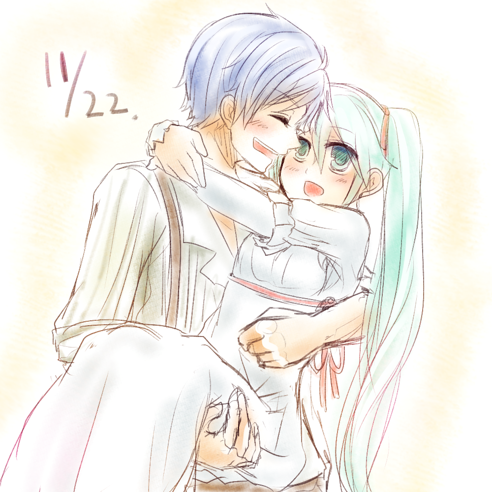 1boy 1girl aqua_eyes aqua_hair bad_id bad_pixiv_id blouse blue_hair carrying couple dress evillious_nendaiki hair_ribbon hatsune_miku hetero hug husband_and_wife kaito_(vocaloid) laughing long_hair majo_salmhofer_no_toubou_(vocaloid) moonlit_bear_(vocaloid) open_clothes open_shirt own_hands_clasped own_hands_together princess_carry ribbon seasnow shirt short_hair smile striped_clothes striped_shirt suspenders twintails very_long_hair vocaloid white_dress