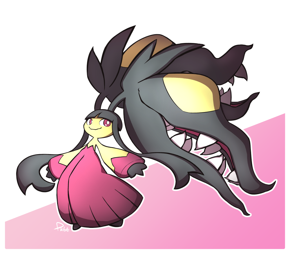 closed_mouth colored_skin commentary extra_mouth full_body gen_3_pokemon mawile mega_mawile mega_pokemon nintendo normalart open_mouth pink_eyes pokemon pokemon_(creature) smile solo teeth yellow_skin
