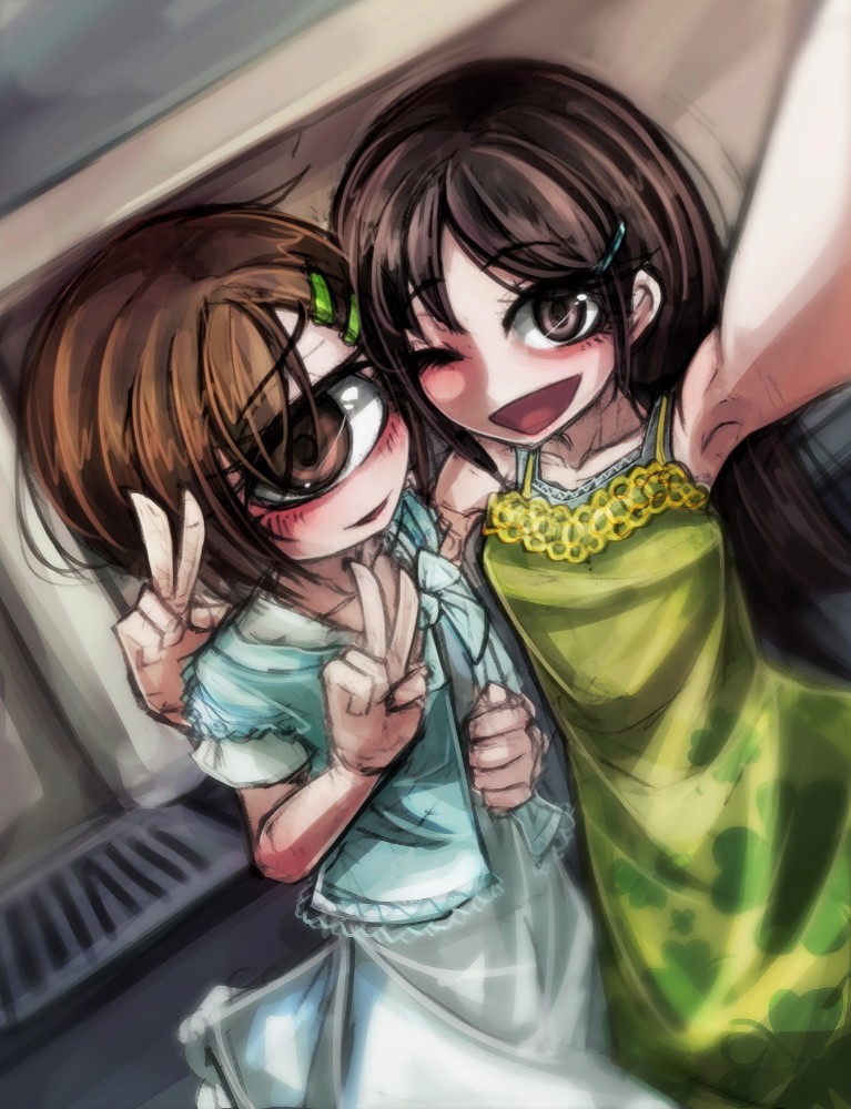 2girls ;d armpits brown_eyes brown_hair casual cheek-to-cheek cyclops dress green_dress hair_ornament hairclip heads_together hitomebore hug long_hair multiple_girls one-eyed one_eye_closed open_mouth ray-k reaching reaching_towards_viewer selfie short_hair sketch smile tsunemi_akemi usui_sachi v