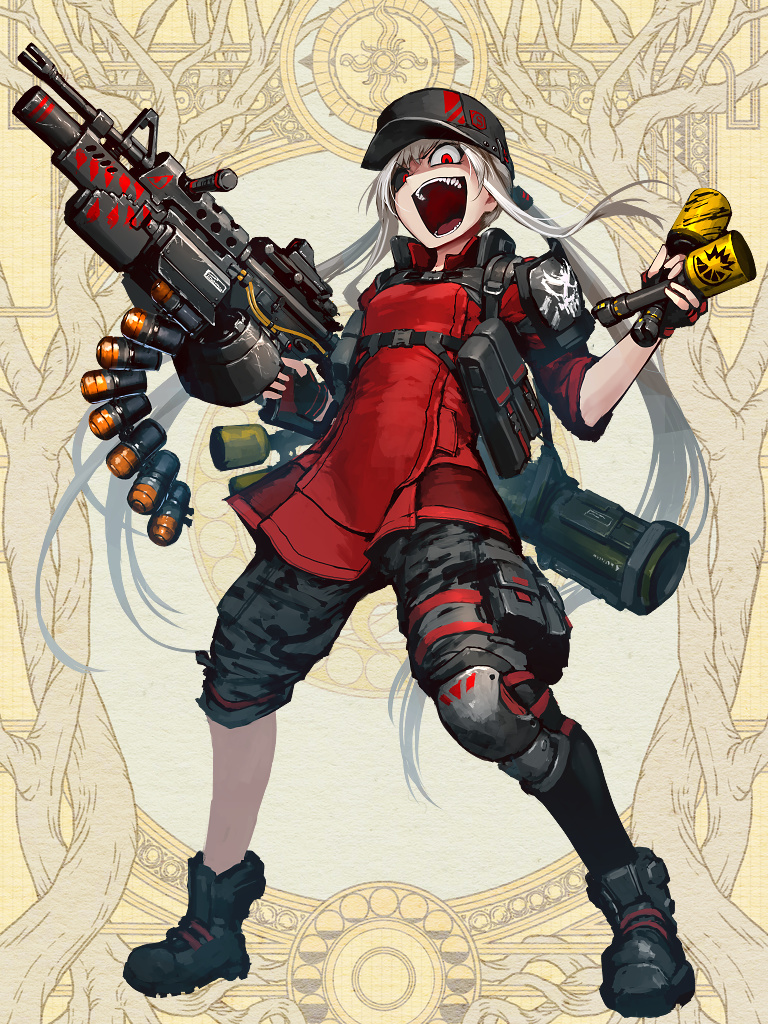 1girl ammunition ammunition_belt anti-materiel_cartridge armor asymmetrical_legwear automatic_grenade_launcher beta_c-mag black_boots black_hat black_sclera black_shorts boots breasts brown_background camouflage camouflage_shorts colored_sclera dairoku_ryouhei double-drum_magazine drum_magazine explosive fingerless_gloves full_body gloves grenade grenade_cartridge grenade_launcher gun hand_grenade hat heterochromia hetza_(hellshock) high-capacity_magazine holding holding_weapon horizontal_forward_grip knee_pads long_hair machine_gun magazine_(weapon) mismatched_sclera multi-weapon open_mouth red_eyes red_gloves red_shirt rocket_launcher shirt shorts shoulder_armor sidelocks sleeves_rolled_up small_breasts smile solo standing stick_grenade teeth twintails underbarrel_grenade_launcher very_long_hair weapon white_hair