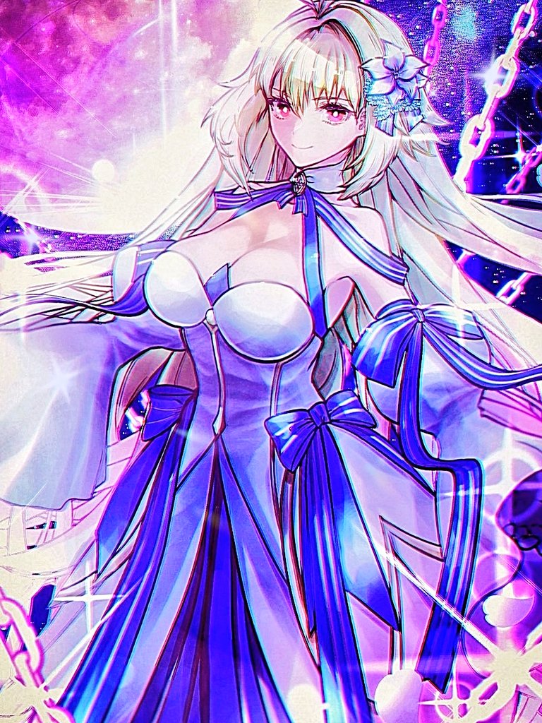 1girl archetype_earth arcueid_brunestud bare_shoulders blonde_hair blue_gloves blue_skirt breasts chain cleavage detached_collar detached_sleeves dress fate/grand_order fate_(series) flower gloves hair_flower hair_ornament large_breasts long_hair looking_at_viewer multicolored_skirt red_eyes satou_nui skirt smile solo tsukihime very_long_hair white_dress