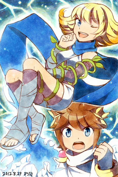1boy 1girl :d ;d ancient_greek_clothes angry azumi_(tks-sd) bandages bare_shoulders blonde_hair blue_eyes blue_scarf bracer bridal_gauntlets brown_hair chiton clenched_hand crown d: d:&lt; dated detached_sleeves electricity floating gem glowing gradient_hair head_rest kid_icarus kid_icarus_uprising kneehighs looking_at_viewer multicolored_hair nintendo one_eye_closed open_mouth orange_hair phosphora pit_(kid_icarus) plant sandals scarf short_hair short_shorts shorts signature sitting smile socks spiked_hair teeth toes torn_clothes v-shaped_eyebrows vines wink