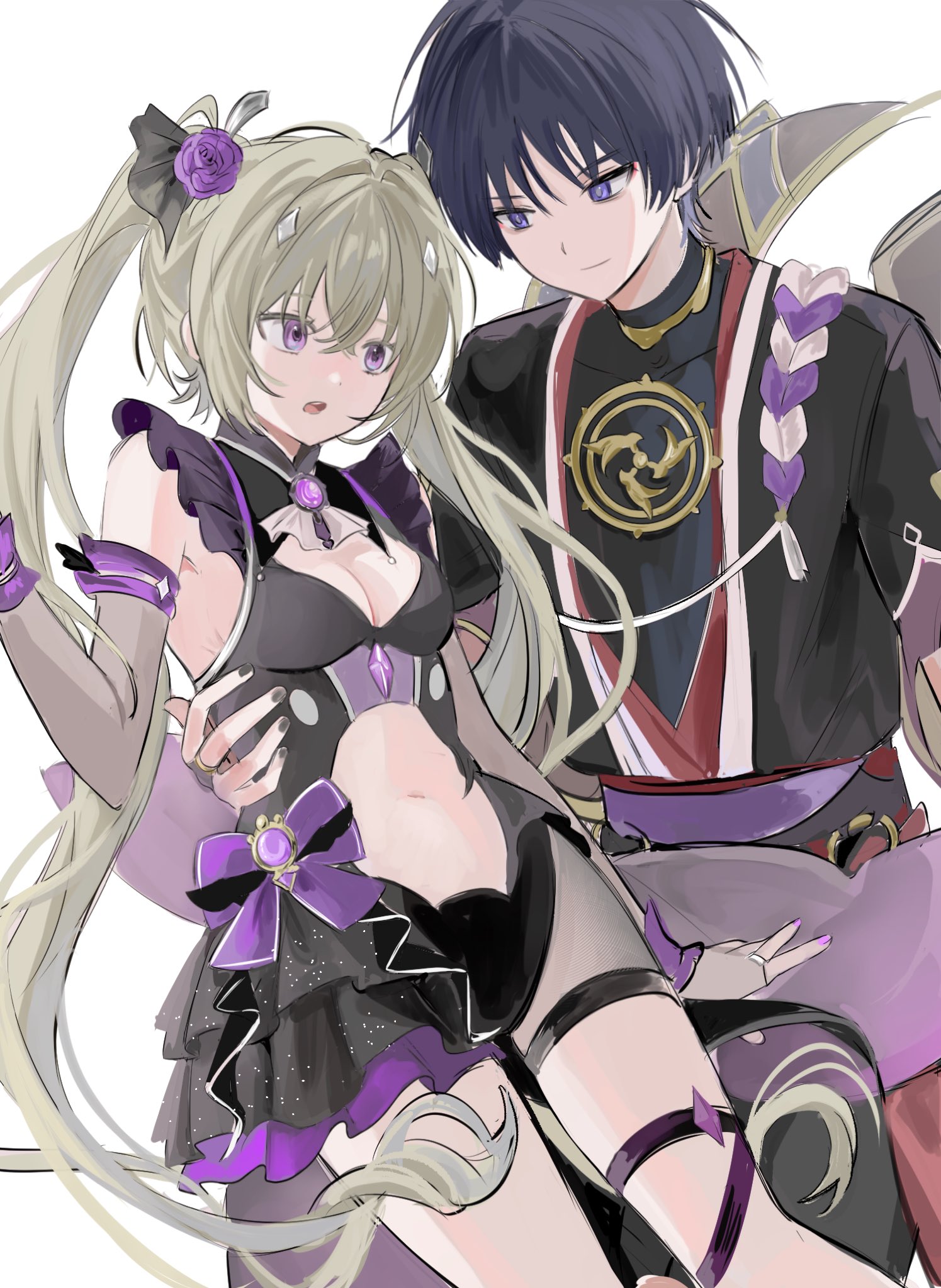 1boy 1girl armpit_crease ascot black_bodysuit black_kimono black_leotard black_nails black_ribbon black_skirt black_sleeves blonde_hair blunt_ends bodysuit bow breasts brown_sleeves cleavage cleavage_cutout closed_mouth clothing_cutout commission commissioner_insert couple covered_collarbone crossed_bangs detached_sleeves eyeliner eyeshadow fishnet_fabric flower furisode gem genshin_impact gold hair_flower hair_intakes hair_ornament hair_ribbon half-skirt han'eri hand_on_another's_waist hetero highleg highleg_leotard highres japanese_clothes jewelry kimono kocokooo layered_kimono layered_skirt layered_sleeves leotard long_hair looking_at_another makeup medium_breasts midriff mitsudomoe_(shape) navel neck_ring o-ring open_clothes open_kimono open_mouth original pink_nails purple_bow purple_eyes purple_flower purple_gemstone purple_rope purple_rose purple_sash purple_skirt purple_sleeves red_eyeliner red_eyeshadow red_kimono red_sash ribbon rope rose sash scaramouche_(genshin_impact) second-party_source shimenawa short_sleeves sidelocks skirt smile stomach_cutout tassel teeth thigh_strap tomoe_(symbol) tsurime turtleneck turtleneck_bodysuit twintails upper_teeth_only white_ascot white_kimono white_rope white_trim wispy_bangs