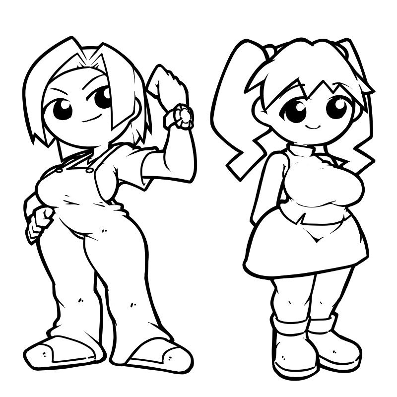 2girls amazake_arika arms_behind_back bare_shoulders breasts closed_mouth hand_on_own_hip junmai_karin large_breasts legs_apart legs_together lineart medarot medawatch medium_hair monochrome multiple_girls name_omoitukan2 overalls shirt short_hair short_sleeves simple_background skirt sleeveless sleeveless_shirt smile standing thick_lineart twintails white_background