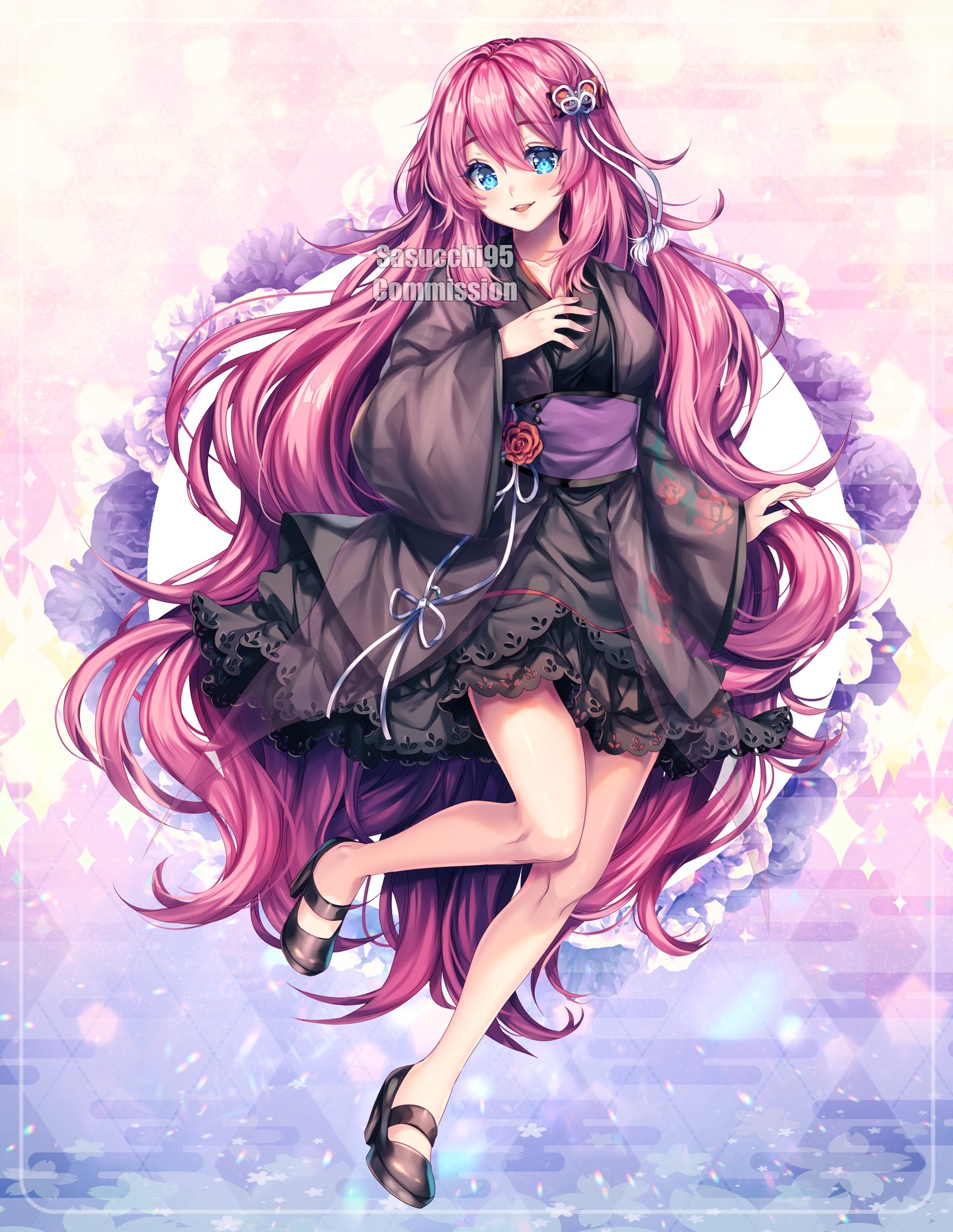 1girl :d absurdly_long_hair arm_at_side artist_name bare_legs black_kimono black_shoes blue_background blue_eyes breasts collarbone commentary commission double-parted_bangs english_commentary fingernails floral_print floral_print_kimono flower full_body gradient_background hair_between_eyes hair_ornament hand_on_own_chest hand_up highres inset_border japanese_clothes kimono knees_together_feet_apart light_particles long_hair long_sleeves looking_at_viewer open_mouth original petticoat pink_background pink_hair print_kimono red_flower red_rose ribbon rose sasucchi95 shiny_footwear shoes small_breasts smile solo sparkle standing standing_on_one_leg teeth turning_head upper_teeth_only very_long_hair watermark white_ribbon wide_sleeves yellow_background