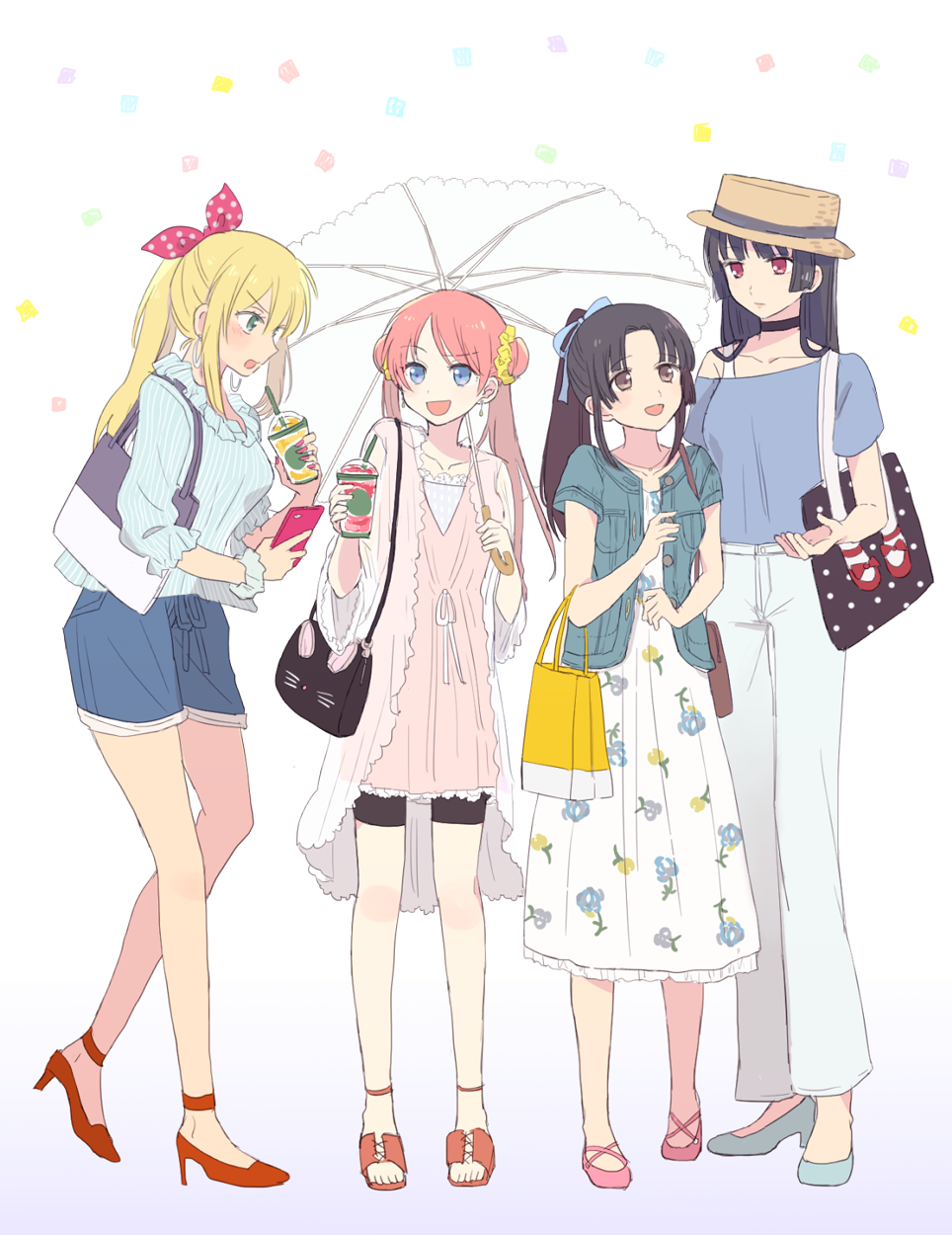 4girls :d bag bike_shorts black_hair black_ribbon black_shorts blonde_hair blue_footwear blue_jacket blue_ribbon blue_scrunchie blue_shirt blue_shorts bow collarbone denim denim_jacket dress drinking_straw elbow_carry full_body gintama green_eyes hair_bow hair_ornament hair_ribbon hair_scrunchie handbag hat hat_ribbon high_heels highres holding holding_umbrella imai_nobume jacket kagura_(gintama) kijima_matako long_dress long_hair multiple_girls nail_polish nuka_(nukamochi) off-shoulder_shirt off_shoulder open_clothes open_jacket open_mouth orange_hair orange_sandals pants pink_dress pink_shoes polka_dot polka_dot_bow ponytail print_dress pumps red_bow ribbon sandals scrunchie shirt shoes short_dress short_shorts short_sleeves shorts shorts_under_dress smile standing straw_hat striped_clothes striped_shirt sundress tokugawa_soyo umbrella vertical-striped_clothes vertical-striped_shirt white_background white_dress white_pants white_umbrella wrist_scrunchie yellow_scrunchie