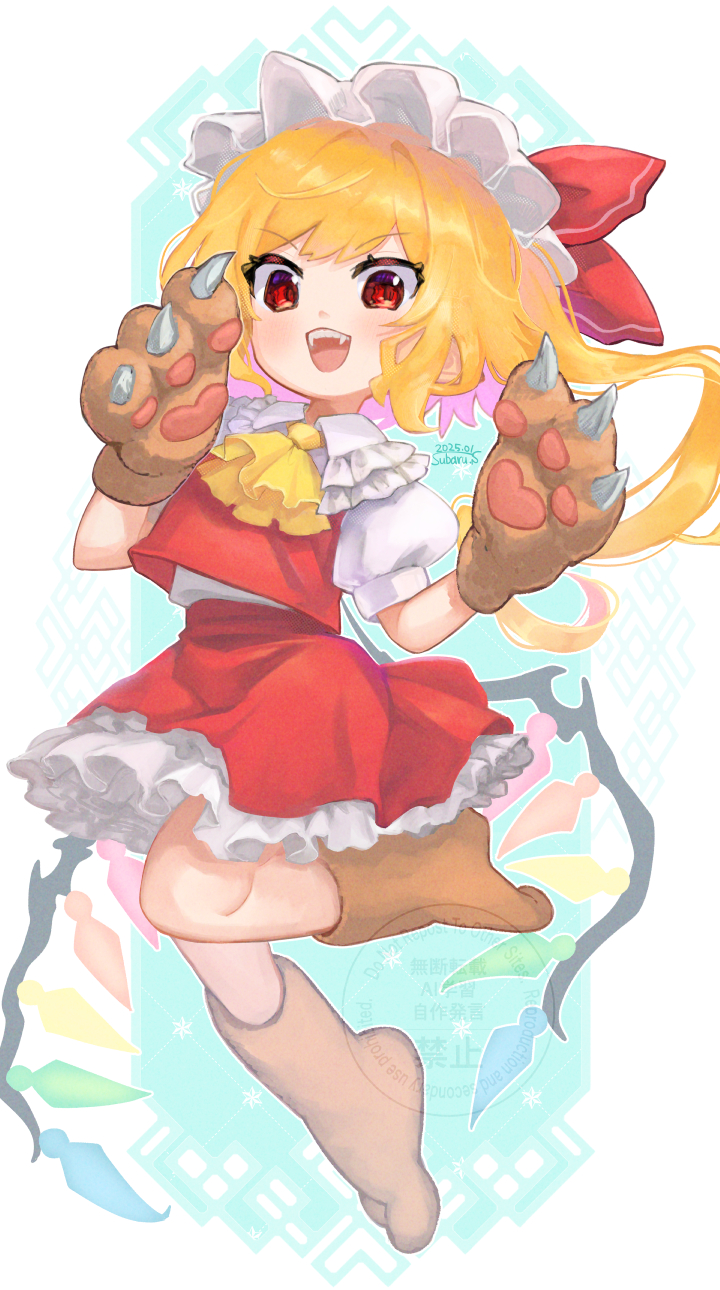 1girl :d animal_hands ascot bear_claws blonde_hair blush bow commentary_request crystal_wings dress fang flandre_scarlet frills full_body hat highres looking_at_viewer mob_cap open_mouth puffy_short_sleeves puffy_sleeves red_eyes red_ribbon red_skirt red_vest ribbon short_sleeves side_ponytail simple_background skirt smile socks solo suzushiro_subaru touhou vest white_background wings