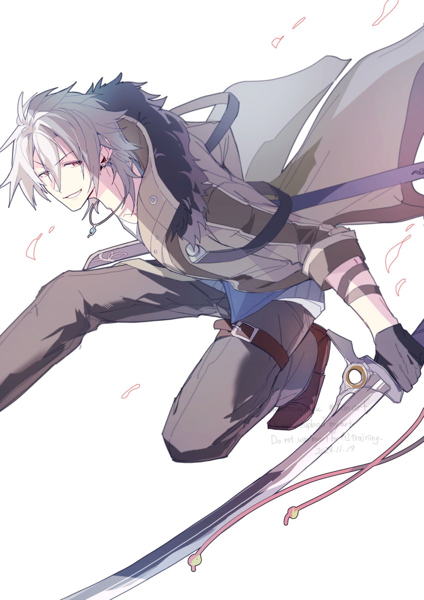 1boy azitsukeniku black_gloves coat crow_armbrust double-parted_bangs earrings eiyuu_densetsu floating_clothes fur_collar fur_trim gloves hair_between_eyes highres holding holding_sword holding_weapon jewelry katana looking_at_viewer mullet pendant sen_no_kiseki sen_no_kiseki_(series) sen_no_kiseki_iv simple_background smile solo sword weapon white_background white_hair