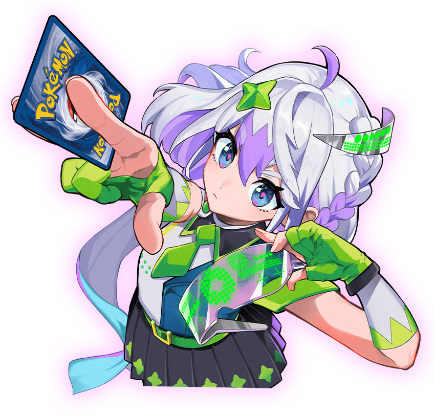 1girl ahoge alpha_transparency arm_up artist_request augmented_reality belt between_fingers black_skirt blue_eyes braid card closed_mouth collared_shirt copyright_name cowboy_shot female_focus floating_headgear foreshortening from_above future_leader_(pokemon) glasses gloves green_gloves green_necktie grey_hair hair_ornament hand_up headgear holding holding_card holding_removed_eyewear looking_afar looking_up miniskirt multicolored_hair necktie nintendo official_art outline outstretched_arm partially_fingerless_gloves pink_outline pink_pupils pleated_skirt poke_ball poke_ball_(basic) pokemon pokemon_card pokemon_tcg purple_hair serious shirt shirt_tucked_in short_hair short_sleeves sidelocks simple_background single_braid skirt solo standing transparent_background two-tone_hair unworn_eyewear v-shaped_eyebrows white_shirt