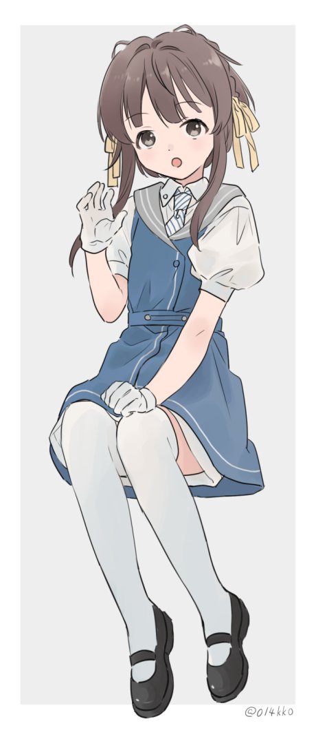 1girl black_shoes blue_dress brown_eyes brown_hair collared_shirt commentary dress gloves hair_ribbon invisible_chair kantai_collection kokko_(014kko) looking_at_viewer open_mouth ribbon shirt shoes short_hair_with_long_locks short_sleeves simple_background sitting solo symbol-only_commentary thighhighs ukuru_(kancolle) white_gloves white_shirt white_thighhighs yellow_ribbon