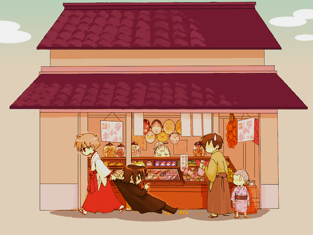 1girl 4boys black_hair brown_hair candy candy_store dragging faceless faceless_male food formal_clothes hair_bun hakama hannya haruka_(tactics) ichinomiya_kantarou japanese_clothes kimono mask multiple_boys muu-chan no_mouth noh_mask old old_woman pointing red_eyes red_hakama sandals shaved_head shop shopping short_hair storefront suit sweatdrop tactics walking yukata yuki_(hello_idiot)