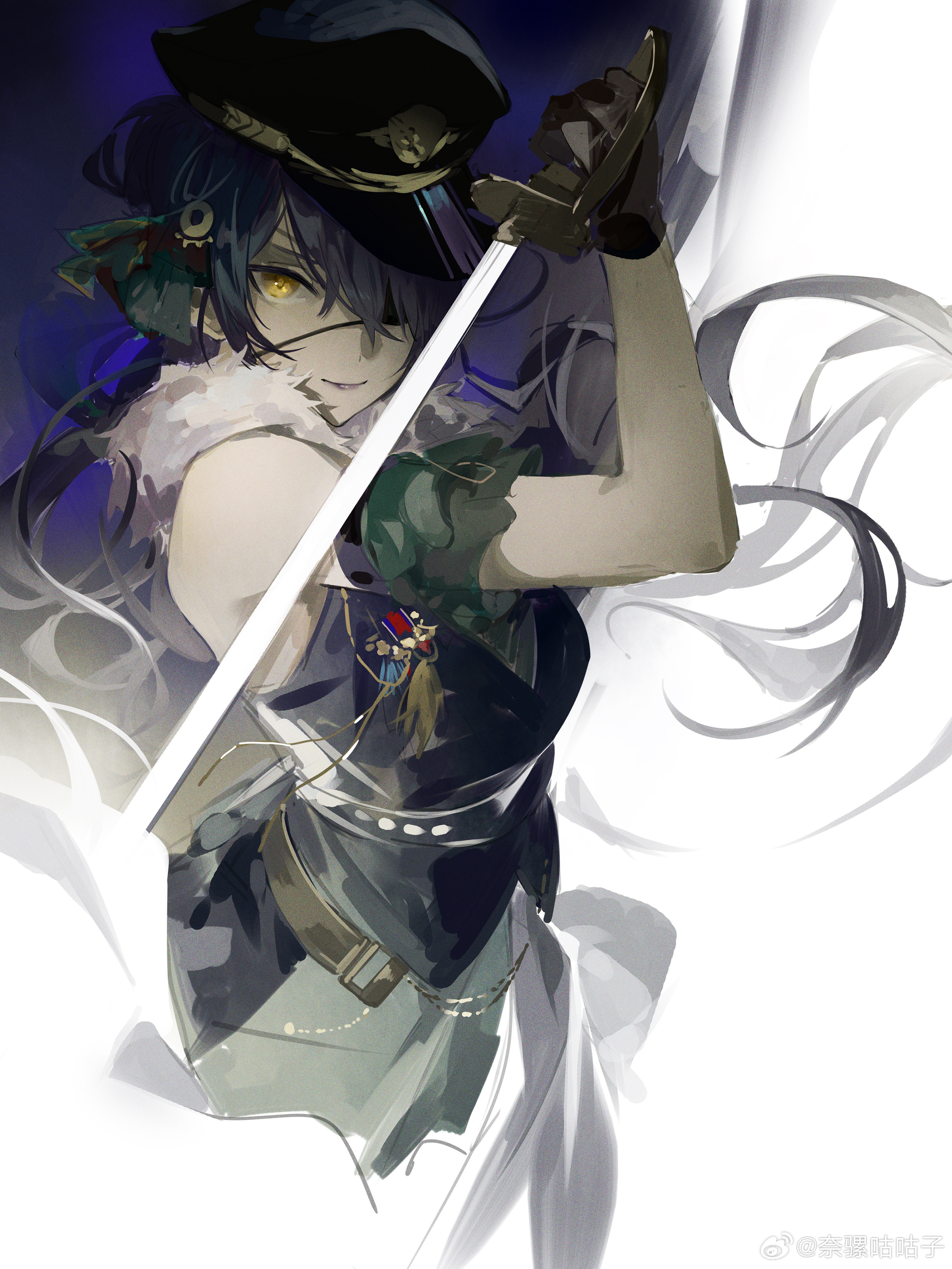 1girl absurdres black_gloves black_hair dark_skin gloves highres holding holding_sword holding_weapon idolmaster idolmaster_shiny_colors long_hair narakuuu shirase_sakuya solo sword weapon yellow_eyes