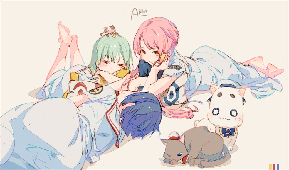 3girls aika_granzchesta alice_carroll animal animal_on_head aria_(manga) aria_company_uniform aria_pokoteng barefoot blue_bow blue_bowtie blue_hair bow bowtie cat closed_eyes green_hair hair_tubes hime_granzchesta himeya_company_uniform hugging_object long_hair lying mizunashi_akari mmlu_(honwa_karesu) multiple_girls on_head on_side on_stomach orange_planet_uniform parted_bangs pillow pillow_hug pink_hair president_maa red_bow red_bowtie short_hair short_sleeves simple_background smile white_background