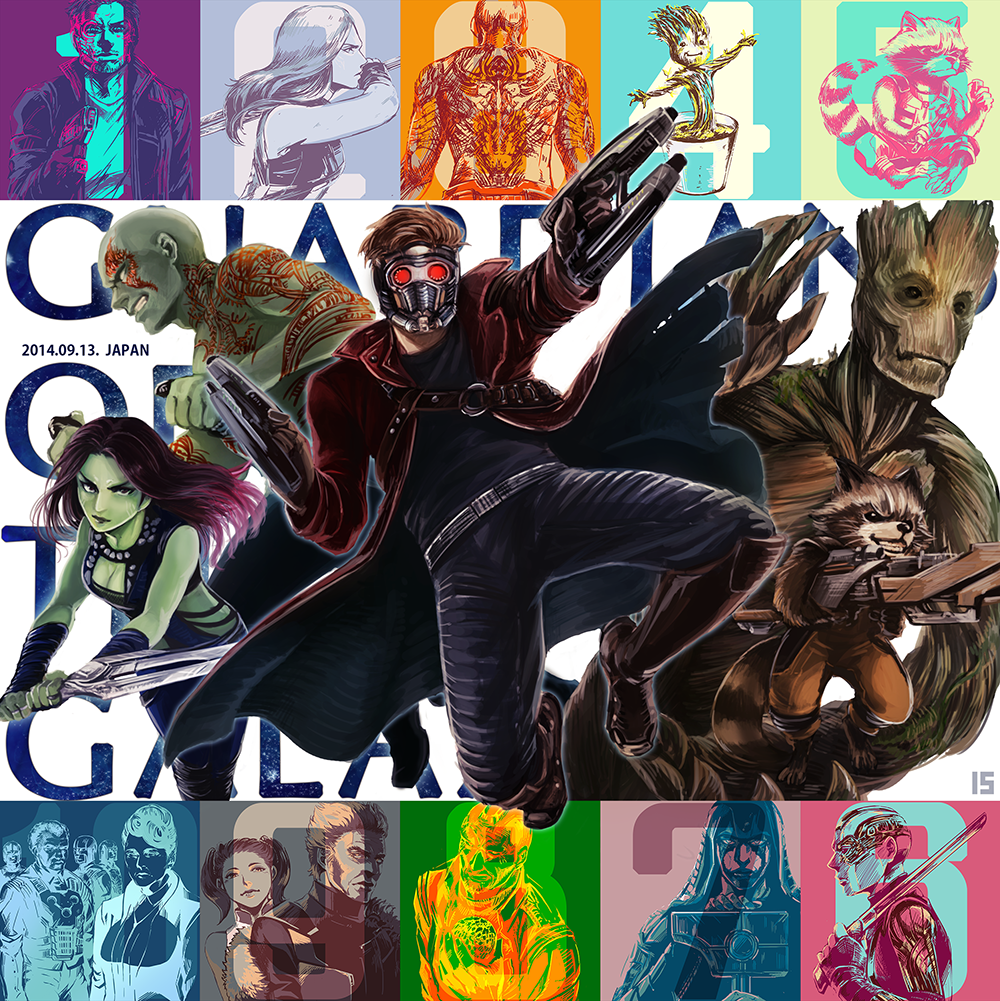 3girls 6+boys alien animification bad_id bad_pixiv_id carina_(gotg) collector_(marvel) drax_the_destroyer gamora groot guardians_of_the_galaxy gun iduhara_jugo limited_palette marvel marvel_cinematic_universe mask multiple_boys multiple_girls nebula_(gotg) nova_prime_(gotg) peter_quill raccoon rocket_raccoon ronan_the_accuser star-lord sword taneleer_tivan weapon yondu_udonta