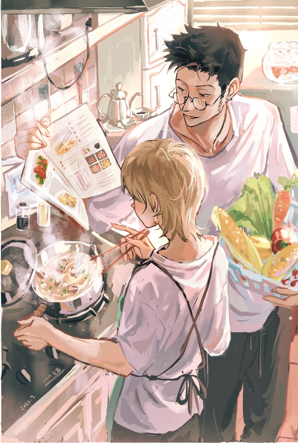 2boys 637_00e_seran apron basket black_hair black_pants blonde_hair book bottle cable carrot casual chopsticks cookbook cooking cooking_pot corn cup dated day earrings fish_tank food from_above glasses hand_up height_difference highres holding holding_book holding_chopsticks hunter_x_hunter indoors jewelry kettle kitchen kurapika leorio_paladiknight lid male_focus multiple_boys open_book pants pointing potato reading refrigerator round_eyewear shirt short_hair short_sleeves sideburns slice_of_life smile standing steam stove t-shirt teacup teapot tile_wall tiles vegetable white_shirt window_blinds