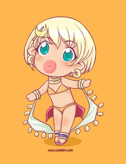 1girl bad_id bikini blonde_hair blue_eyes blush chibi chibi_only coin_(ornament) commentary crescent crescent_hair_ornament dancer_(ragnarok_online) dated_commentary earrings english_commentary full_body hair_ornament jewelry lips lola-art looking_at_viewer neck_ring opencanvas_(medium) orange_background pointy_ears ragnarok_online short_hair simple_background solo standing swimsuit yellow_bikini