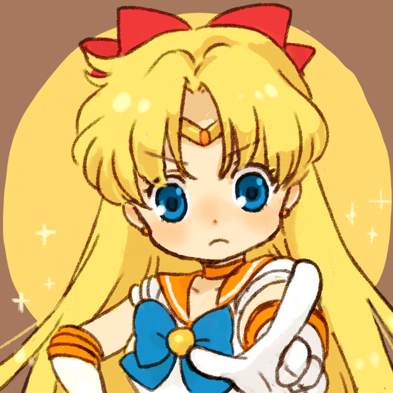 1girl aino_minako bishoujo_senshi_sailor_moon blonde_hair blue_bow blue_eyes bow brooch choker elbow_gloves female_focus gloves hair_bow jewelry long_hair magical_girl pointing red_bow sailor_collar sailor_venus simple_background solo tiara upper_body white_gloves yukke