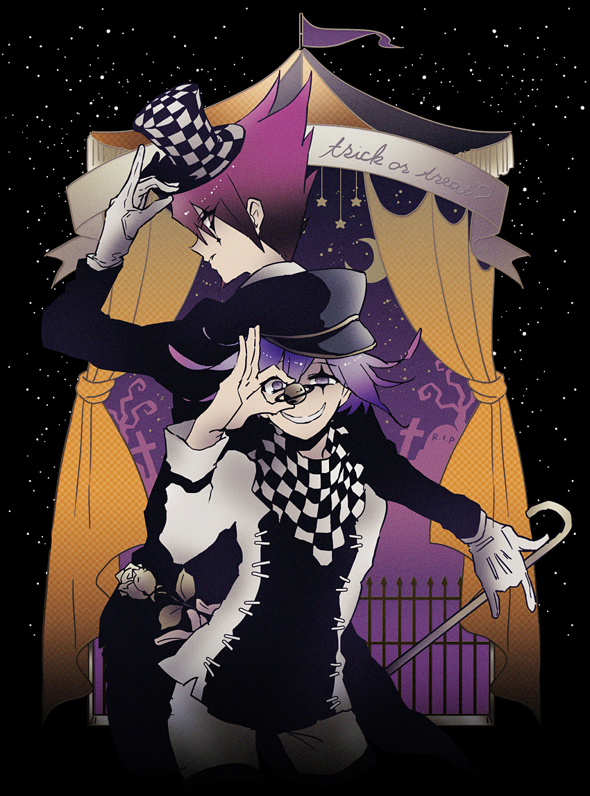 2boys alternate_costume cane checkered_clothes checkered_scarf circus commentary_request danganronpa_(series) danganronpa_v3:_killing_harmony evil_grin evil_smile facial_hair flag flipped_hair gloves goatee graveyard grin hair_between_eyes half-closed_eye halloween hat height_difference holding holding_cane jacket long_sleeves looking_at_viewer male_focus medium_hair mini_hat mini_top_hat momota_kaito multiple_boys oma_kokichi pants peaked_cap purple_eyes purple_hair scarf short_hair smile spiked_hair star_(symbol) stitching tent top_hat trick_or_treat upper_body white_gloves yayuyo_(kana_toco)