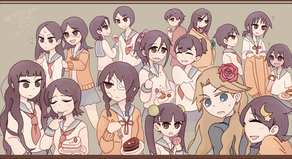 00s 6+girls ^^^ back-to-back bandage_over_one_eye bandages black_hair blanket blonde_hair blue_eyes blunt_bangs bob_cut bow braid brown_eyes cake cup donut drinking_glass eating everyone female_focus flower food foodgasm fujiyoshi_harumi fuura_kafuka gift glasses hair_bow hair_flower hair_ornament hairclip hitou_nami itoshiki_rin japanese_clothes kaga_ai kimono kimura_kaere kitsu_chiri kobushi_abiru komori_kiri long_hair maruuchi_shouko mitama_mayo multiple_girls nezu_miko ookusa_manami oora_kanako otonashi_meru parted_bangs ponytail sayonara_zetsubou_sensei school_uniform sekiutsu_maria_tarou serafuku short_hair skirt smile sweater tsunetsuki_matoi twin_braids twintails wavy_hair wine_glass