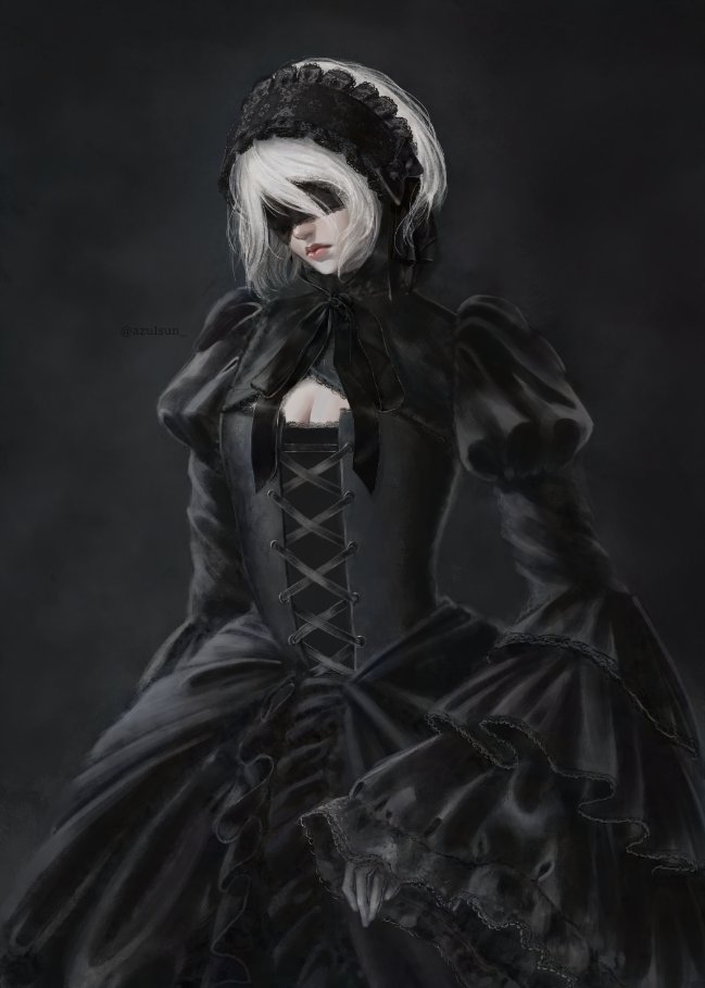 2b_(nier:automata) alternate_costume black_background black_dress cleavage_cutout clothing_cutout commentary dress english_commentary melonasun nier:automata nier_(series) short_hair signature white_hair