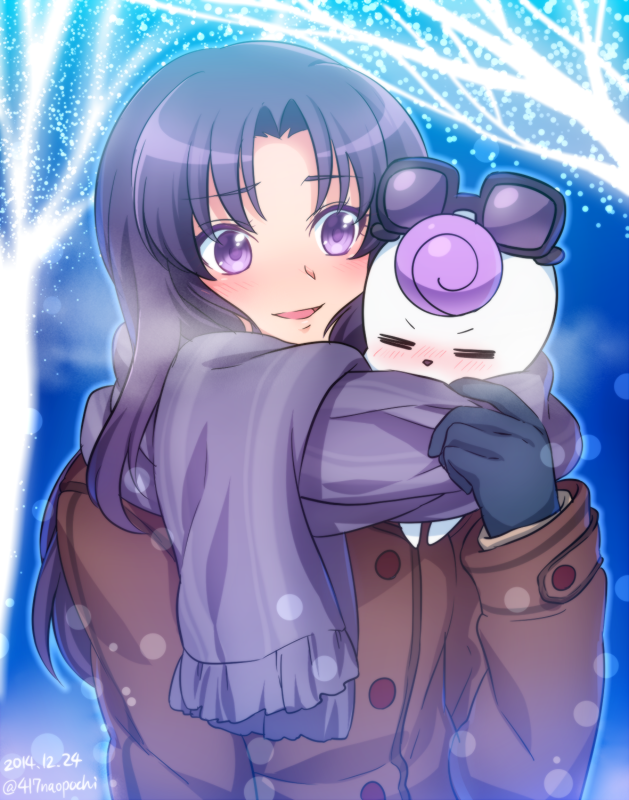 0417nao 10s 1girl black_gloves blush coat eyewear_on_head female_focus gloves gurasan_(happinesscharge_precure!) happinesscharge_precure! hikawa_iona long_hair precure purple_eyes purple_hair scarf shared_clothes shared_scarf smile snow solo