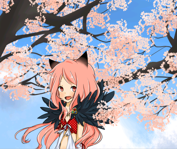 1girl animal_ears blue_sky blush cherry_blossoms clear_sky commentary_request day dress fox_ears fox_girl fur_collar long_hair looking_at_viewer meiko_(nattu303) open_mouth outdoors pink_eyes pink_hair ragnarok_online sky sleeveless sleeveless_dress smile solo sorcerer_(ragnarok_online) upper_body white_dress