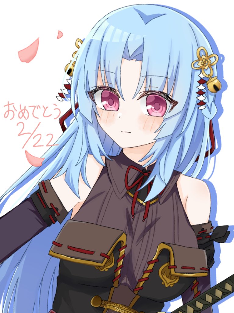 1girl arm_at_side assault_lily bare_shoulders bell black_shirt blue_hair blush breasts brown_shirt closed_mouth collared_shirt commentary detached_sleeves drop_shadow falling_petals flower_knot hair_bell hair_ornament hair_ribbon happy_birthday long_hair long_sleeves looking_ahead medium_breasts neck_ribbon petals pink_eyes red_ribbon ribbon ribbon-trimmed_sleeves ribbon_trim sana_(hs_yp1) shirt simple_background sleeveless sleeveless_shirt solo sumitani_miki sword translated two-tone_shirt upper_body weapon white_background