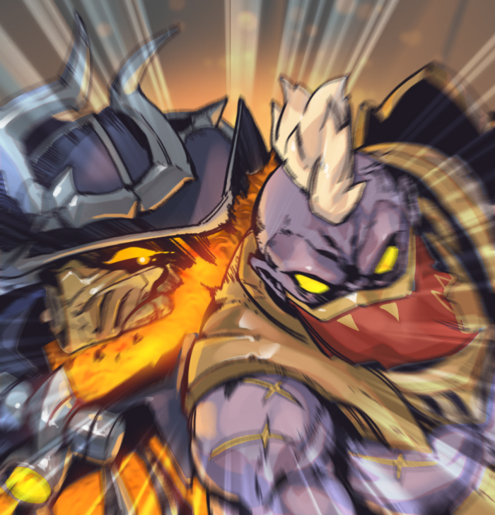 2boys black_headwear colored_sclera glowing high_noon_mordekaiser high_noon_sion horns league_of_legends male_focus mask mordekaiser motion_lines mouth_mask multiple_boys muscular muscular_male no_pupils phantom_ix_row sion sion_(league_of_legends) upper_body yellow_sclera