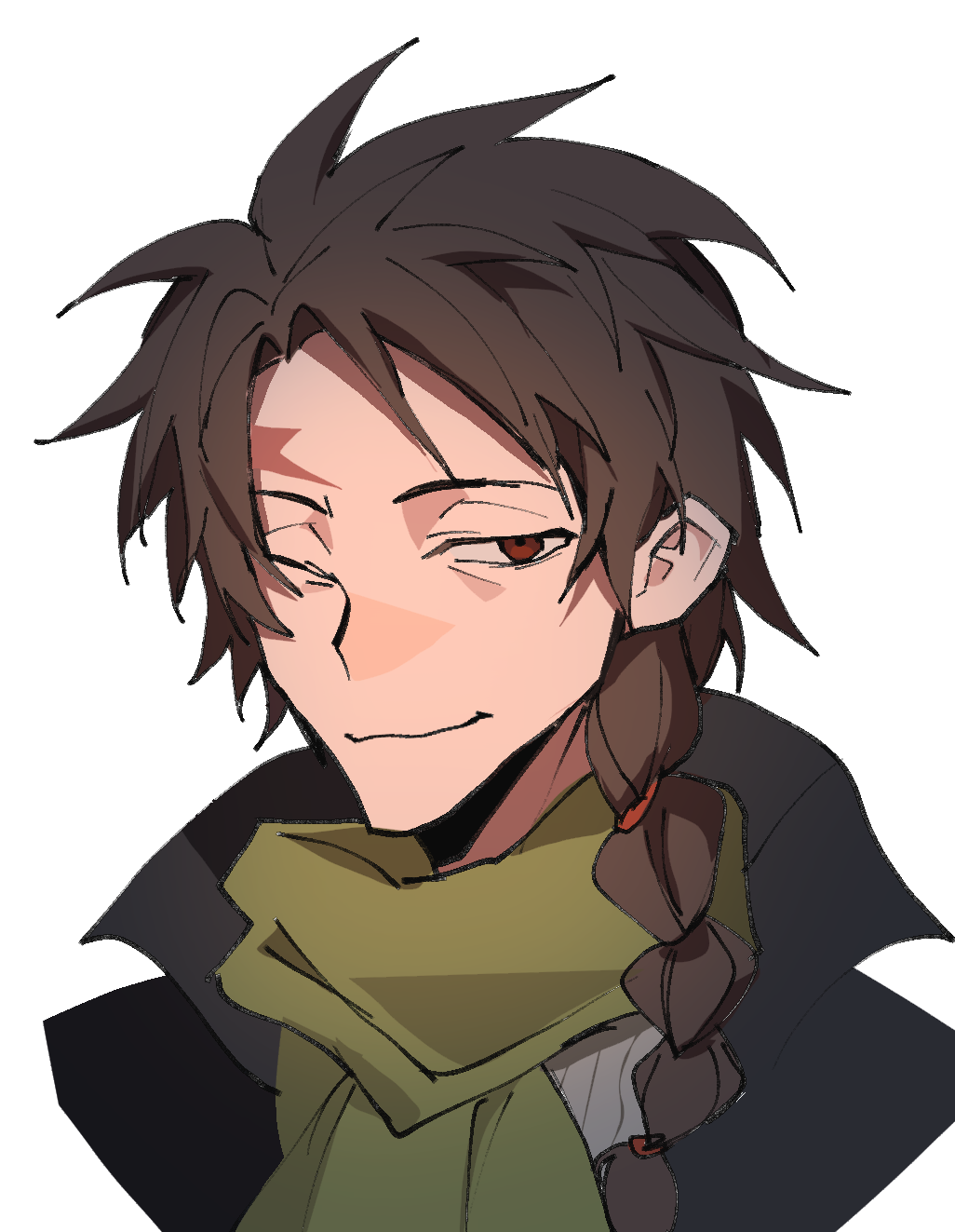 1boy ;) beiquqian black_jacket braid brown_hair chinese_commentary closed_mouth commentary_request cropped_shoulders green_scarf grey_sweater harada_minoru highres jacket long_hair male_focus one_eye_closed red_eyes ribbed_sweater saibou_shinkyoku scar scar_on_face scar_on_forehead scarf side_braid simple_background single_braid smile solo sweater transparent_background variant_set