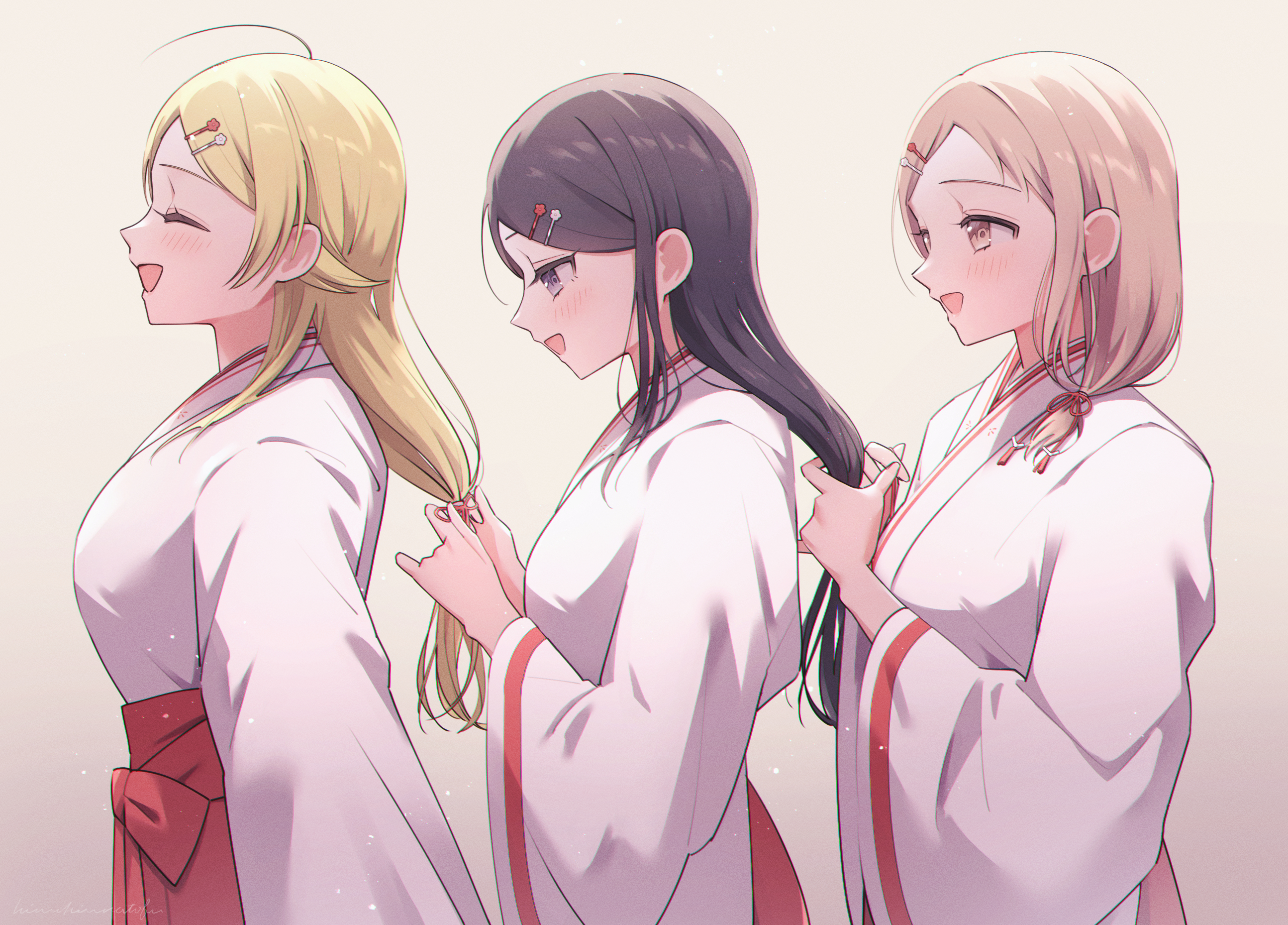 3girls ^_^ adjusting_another's_hair ahoge black_hair blonde_hair blush brown_hair closed_eyes commentary_request hachimiya_meguru hakama highres idolmaster idolmaster_shiny_colors illumination_stars_(idolmaster) japanese_clothes kazano_hiori kimono kinukinu_otofu long_hair miko multiple_girls red_hakama sakuragi_mano smile upper_body white_kimono