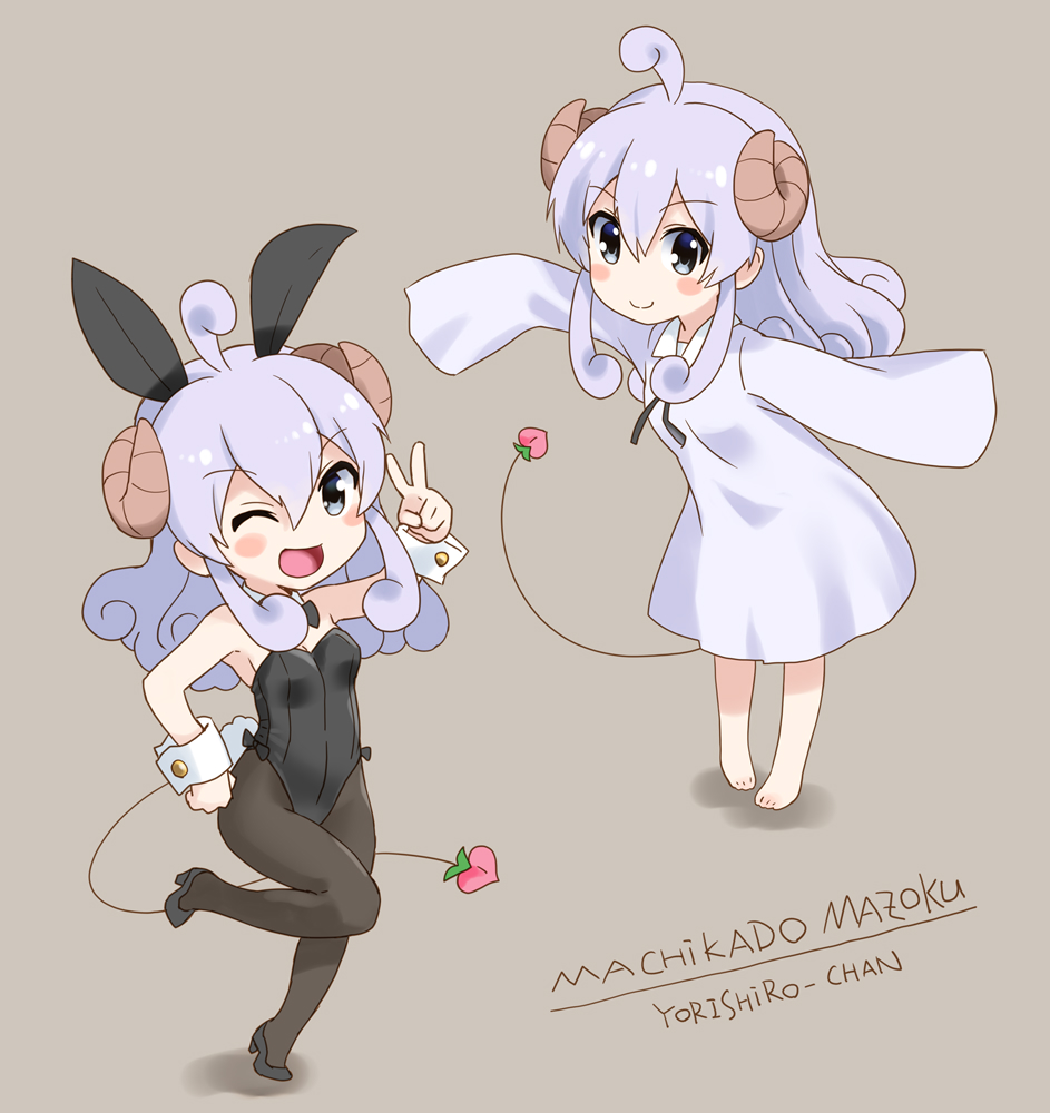 1girl commentary_request curled_horns dress full_body horns katahira_masashi leotard looking_at_viewer machikado_mazoku multiple_views one_eye_closed pantyhose playboy_bunny smile tail v yorishiro_(machikado_mazoku)