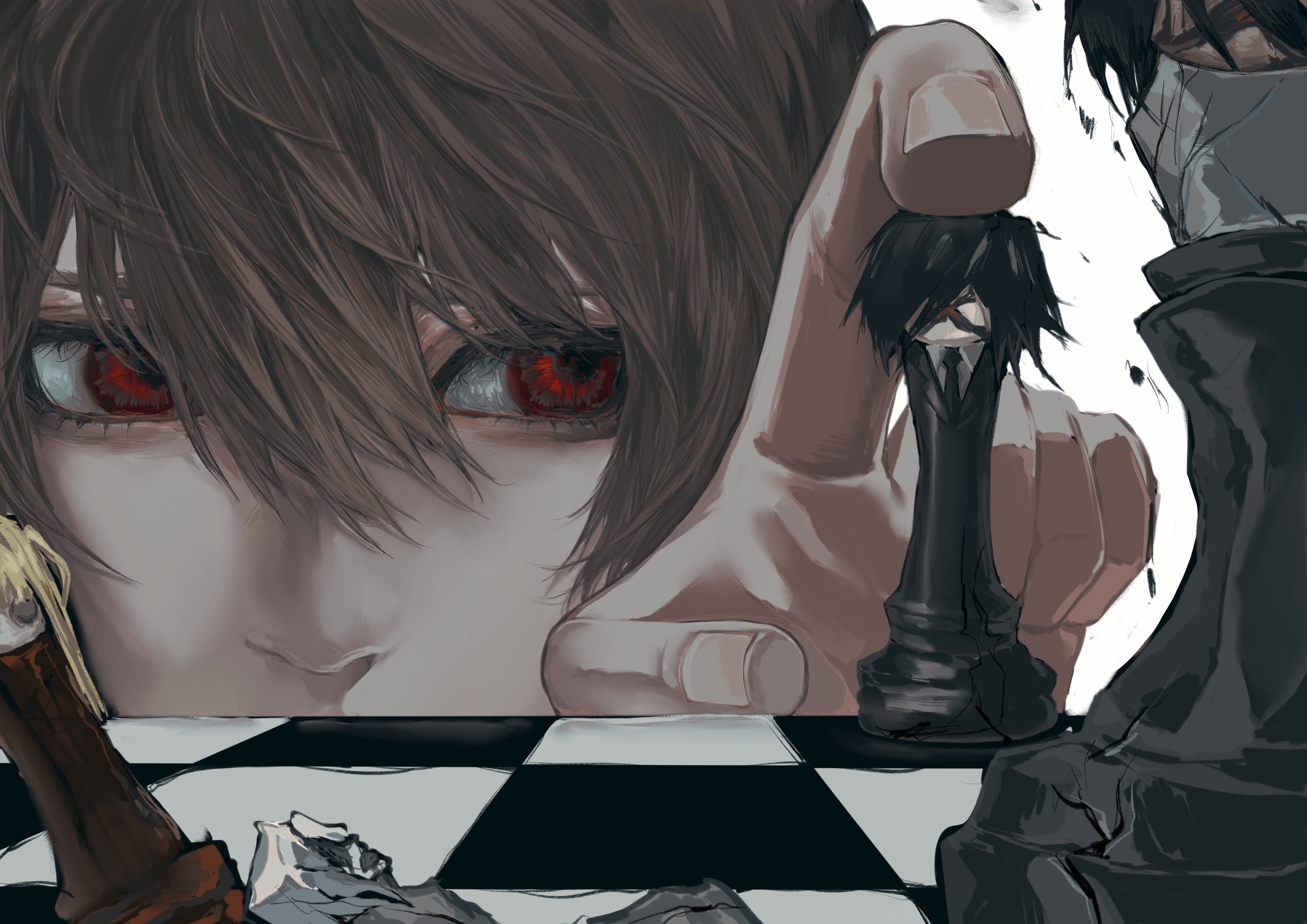 1girl 2boys absurdres amane_misa black_hair black_jacket black_necktie blonde_hair board_game brown_hair chess chess_piece chessboard close-up collared_shirt death_note formal_clothes hair_between_eyes highres holding holding_chess_piece jacket looking_at_object male_focus mikami_teru multiple_boys necktie red_eyes shirt short_hair sideways_glance solo_focus straight-on suit swept_bangs thisisimpossible white_background white_shirt yagami_light