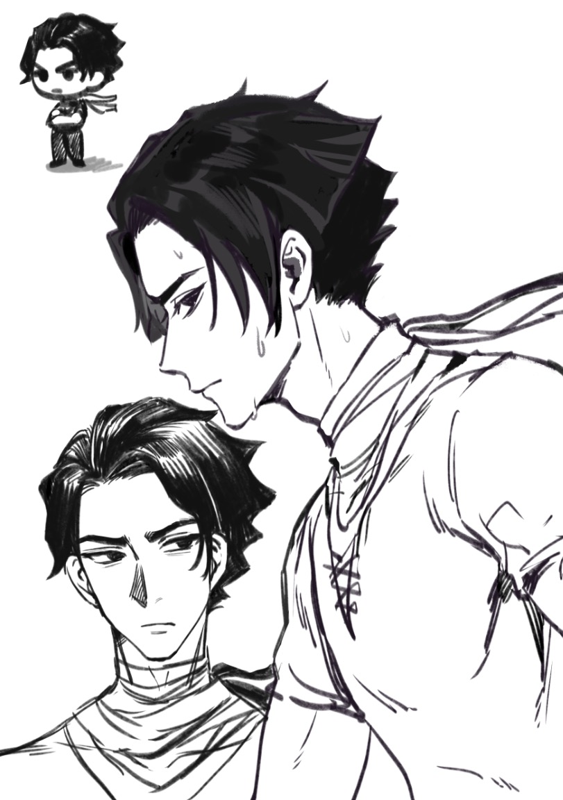 1boy ace_attorney chibi chinese_commentary closed_mouth commentary_request cross-laced_clothes cross-laced_top crossed_arms greyscale kaze_(yznyttdgs) kazuma_asogi male_focus monochrome multiple_views pants scarf short_hair short_sleeves simple_background sweat the_great_ace_attorney v-shaped_eyebrows white_background