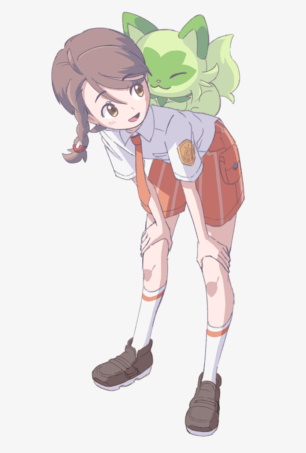 1girl braid brown_eyes brown_footwear brown_hair collared_shirt commentary hands_on_own_legs highres juliana_(pokemon) knees leaning_forward necktie nintendo open_mouth orange_necktie orange_shorts pokemon pokemon_(creature) pokemon_on_back pokemon_sv shirt shoes shorts smile socks sprigatito standing suimoku_(hzdg5322) white_shirt white_socks