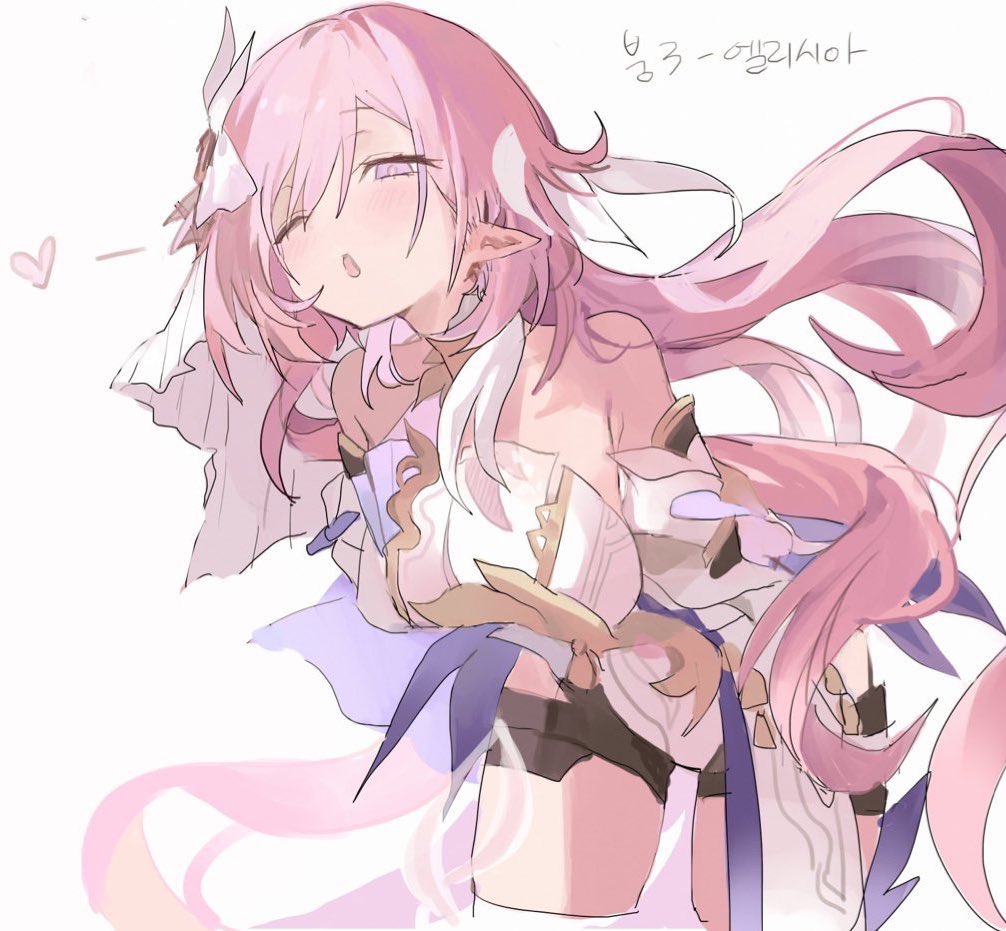 1girl :o arms_behind_back bare_shoulders black_shorts breasts corset cowboy_shot elf elysia_(honkai_impact) elysia_(miss_pink)_(honkai_impact) elysia_(miss_pink_elf)_(honkai_impact) heart honkai_(series) honkai_impact_3rd korean_text large_breasts long_hair one_eye_closed open_mouth pink_hair pointy_ears purple_eyes qqkkay short_shorts shorts simple_background solo thighs translation_request veil very_long_hair white_background white_corset white_veil