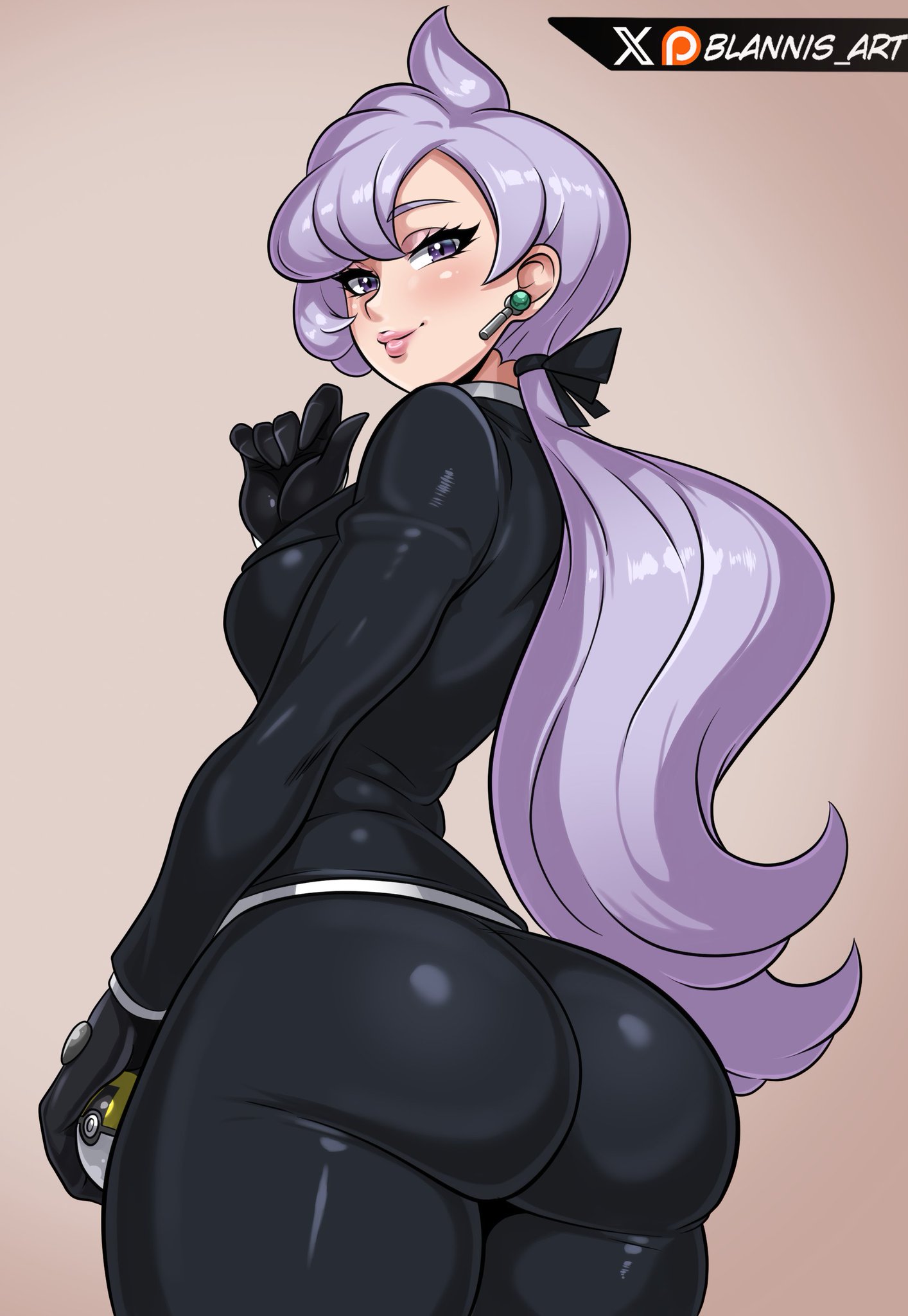 1girl anabel_(pokemon) artist_name ass black_gloves black_jacket black_pants blannis blazer breasts brown_background closed_mouth cowboy_shot eyebrows eyelashes eyeshadow female_focus from_behind from_side gloves hand_up highres huge_ass jacket lips long_hair long_sleeves looking_at_viewer looking_back low_ponytail makeup matching_hair/eyes medium_breasts nintendo office_lady pants pink_eyeshadow poke_ball pokemon pokemon_sm ponytail purple_eyes purple_hair shirt simple_background solo standing ultra_ball white_shirt