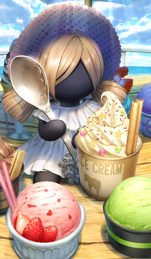 blonde_hair blue_sky chocolate cloud commentary cup day dessert disposable_cup doll dress english_text fate/grand_order fate_(series) food frozen_yogurt fruit hat holding holding_spoon ice_cream ice_cream_cup light_rays low_twintails no_humans object_focus official_art outdoors pocky short_twintails single_scoop sky spoon sprinkles star_(symbol) still_life strawberry strawberry_slice sunbeam sunlight tatsuyo third-party_source twintails vanilla viy_(fate) wafer wafer_stick white_dress