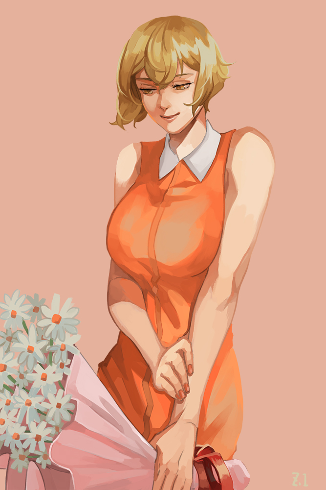 1girl alternate_costume blonde_hair bouquet breasts closed_mouth collared_dress commentary_request cowboy_shot dated_commentary dress flower genderswap genderswap_(mtf) higekiri_(touken_ranbu) holding holding_bouquet large_breasts looking_down orange_dress orange_nails pink_background short_hair simple_background sleeveless sleeveless_dress smile solo touken_ranbu white_flower yellow_eyes zi_tsas