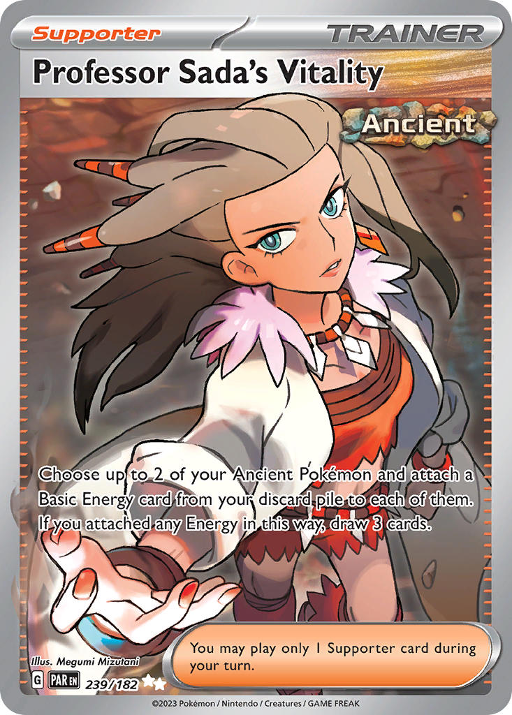 1girl artist_name brown_hair card_(medium) character_name company_name copyright_name copyright_notice debris english_text green_eyes jacket jewelry lab_coat long_hair midriff mizutani_megumi nail_polish necklace nintendo official_art open_clothes open_jacket orange_nails orange_shirt orange_shorts pokemon pokemon_card pokemon_sv pokemon_tcg professor_sada shirt shorts solo third-party_source trading_card white_jacket