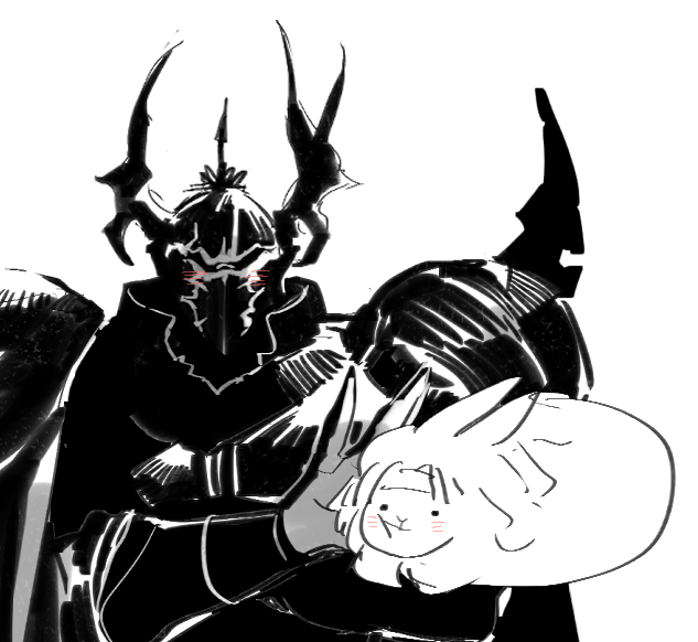 1boy animalization armor black_armor blush cecil_harvey cheek_squash commentary cuirass fake_horns final_fantasy final_fantasy_iv golbez greyscale hand_up headband helm helmet horned_helmet horns knight korean_commentary long_hair male_focus mazimagheotgeot monochrome pauldrons pushing pushing_away rabbit shoulder_armor simple_background solid_circle_eyes spiked_pauldrons upper_body white_background
