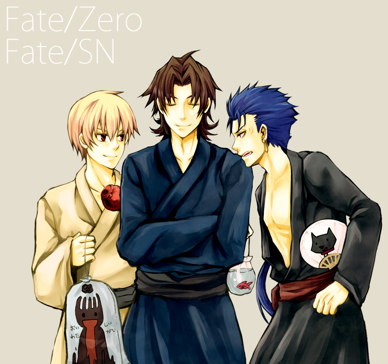 3boys bad_id bad_pixiv_id bag black_hair blonde_hair blue_hair brown_eyes brown_hair candy_apple carnival_phantasm copyright_name cu_chulainn_(fate) cu_chulainn_(fate/stay_night) dog earrings fate/stay_night fate/zero fate_(series) fish food gilgamesh_(fate) goldfish grail-kun grey_background hand_fan japanese_clothes jewelry kimono kotomine_kirei male_focus multiple_boys paper_fan ponytail red_eyes simple_background spira uchiwa