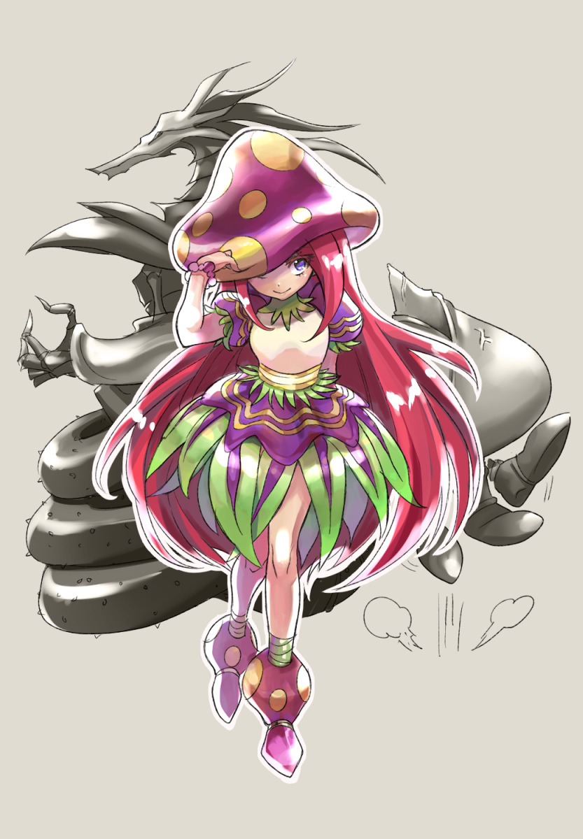 1girl anger_vein bead_bracelet beads blue_eyes bracelet breasts breath_of_fire breath_of_fire_ii closed_mouth dragon full_body highres himukai_yuusuke jewelry knees_together_feet_apart long_hair looking_at_viewer medium_breasts multiple_persona mushroom_girl open_mouth pink_hair pink_legwear puffy_short_sleeves puffy_sleeves short_sleeves simple_background smile socks spar teeth